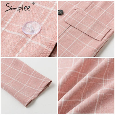 Pink plaid fabric close-ups with button detail and folded hem edge
