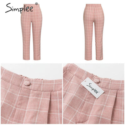 Pink plaid cropped pants with tapered legs, elastic waistband and front/back views