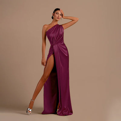 Satin Evening Dress - Formal Slit One Shoulder - Fashions Envy