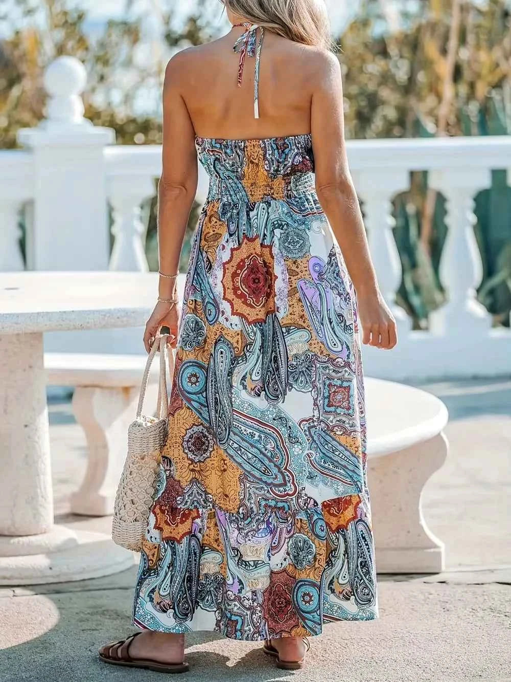 Zebra Print Halter Maxi Dress - Pastel Blue Lace Up