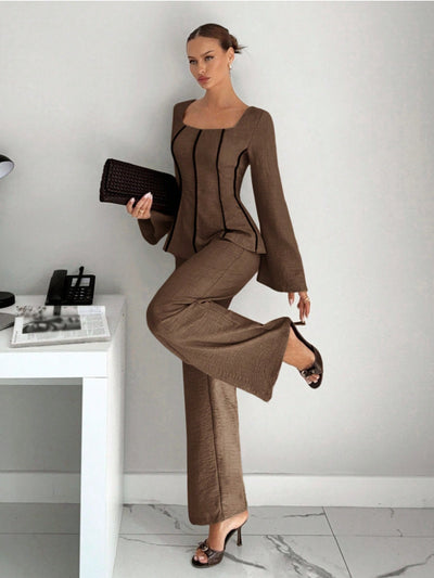 Brown wide-leg pants set with shaped square-neck top and flared sleeves