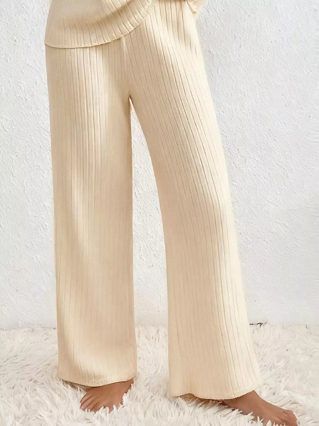 Ribbed Loungewear Set - V-Neck Top Wide-Leg Pants - Fashions Envy