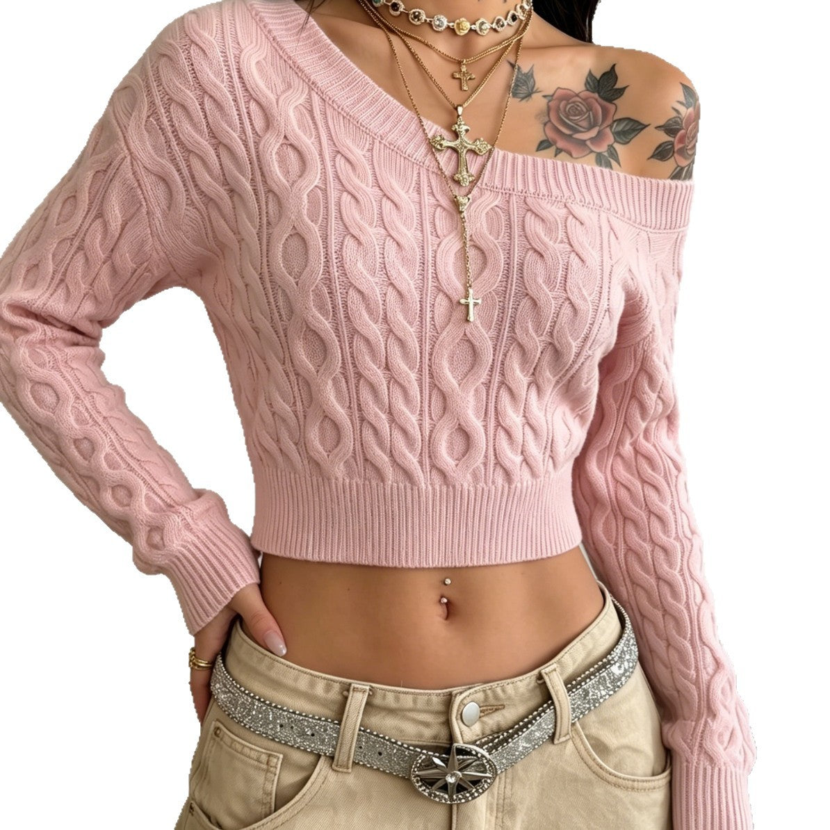Chic Off-Shoulder Knitted Sweater for Women, Short Crop Top, Long Sleeve, Fitted Slim Fit, Ribbed Knit Pullover, Sexy and Stylish Upperwear