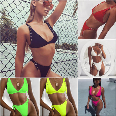 Grommet Bikini Set - Eyelet Detail Adjustable Strap Swimsuit