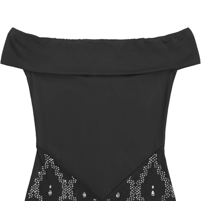 Black Off-Shoulder Sequin Mesh Maxi Gown - Diamond Lattice Crystal Skirt