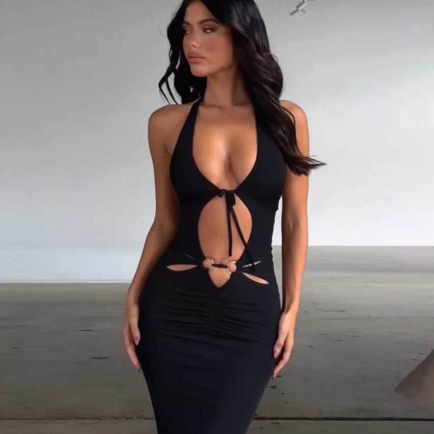 Black slim cutout halter dress with V neckline and tie-front chest