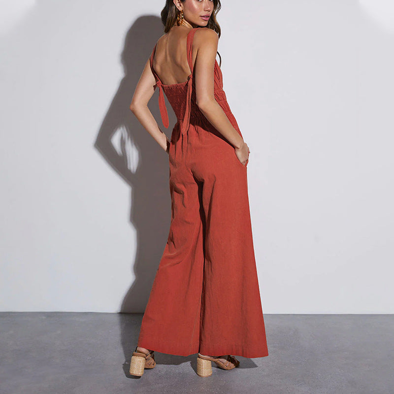 Redwood red wide-leg summer jumpsuit with V-neck front and open back straps