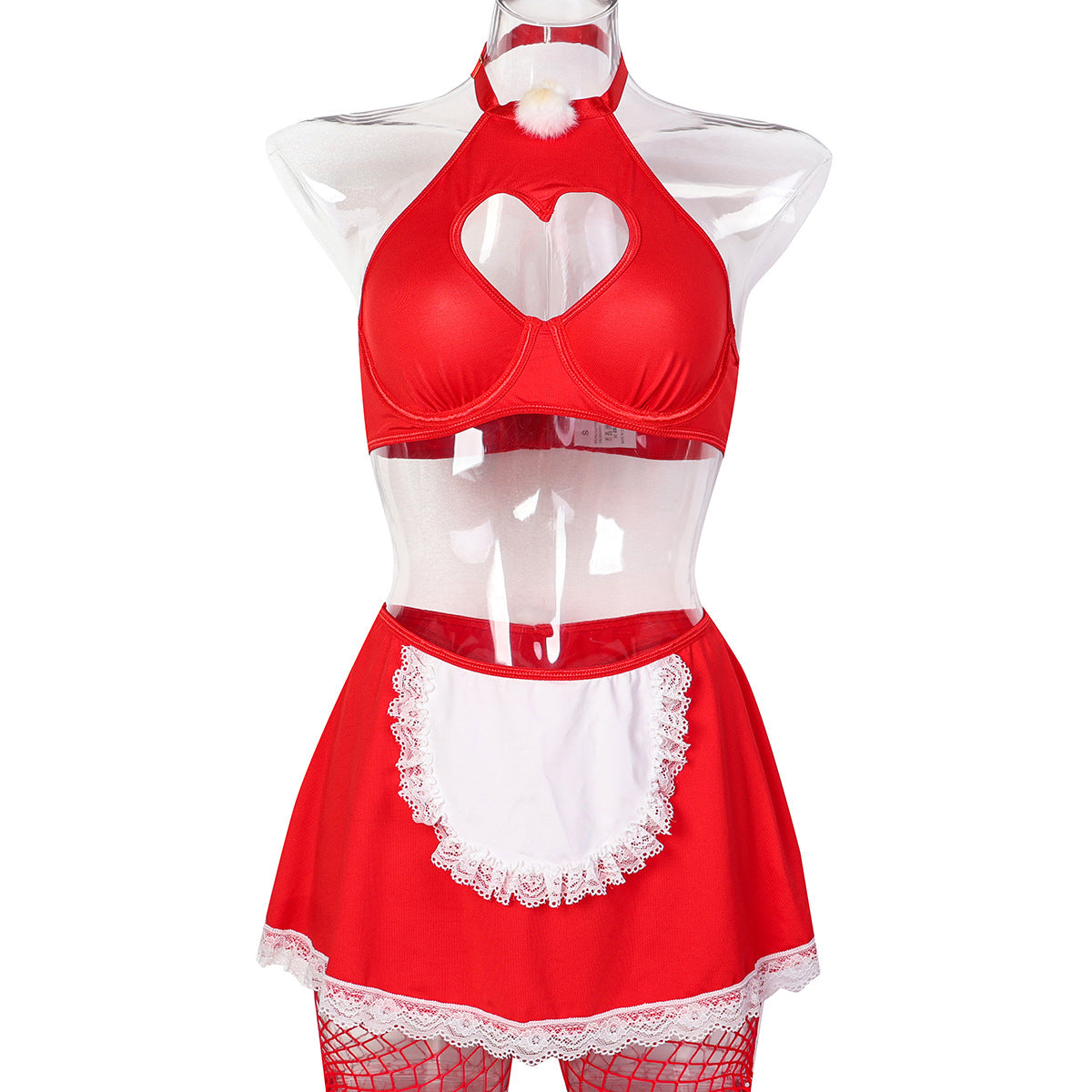 Red Heart Cutout Christmas Lingerie - Lace Trim Mini Skirt Set
