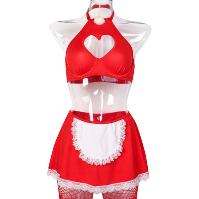 Red Heart Cutout Christmas Lingerie - Lace Trim Mini Skirt Set