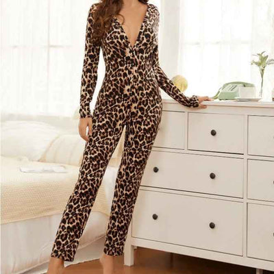 Sexy Leopard Print Long Sleeve Bodysuit Lingerie Set for Women