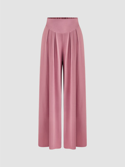 Pink V-Neck Crop Top Wide Leg Pants Set - Pleated Shoulder