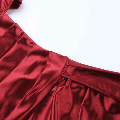 Satin Maxi Dress - Deep Red Off Shoulder High Slit