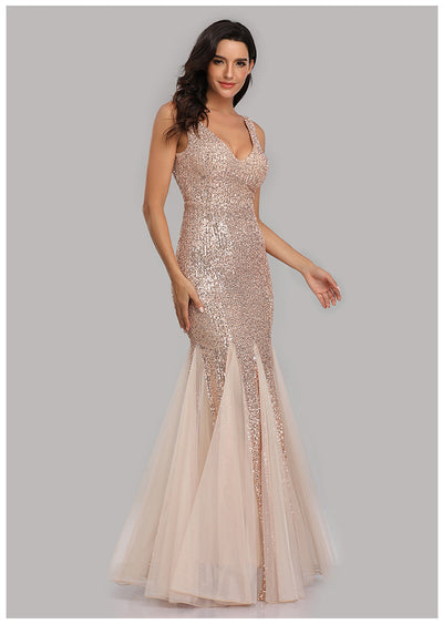 Sequin Mermaid Fishtail Evening Gown - Double V-Neck Tulle Hem