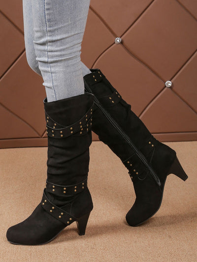 Black tall western boots with studded straps and side zipper