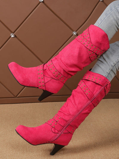 Rose red tall western boots with studded straps and side zipper