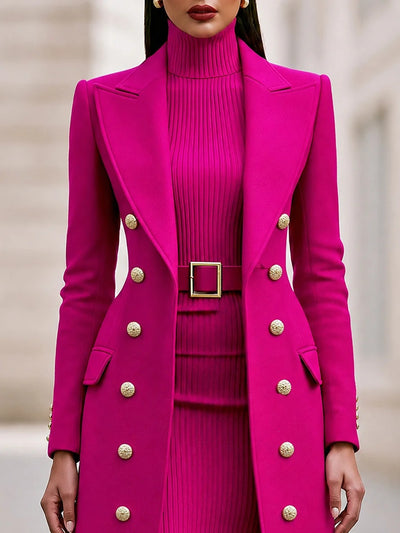Coat And Knit Dress Set - Double-Breasted Belted Style