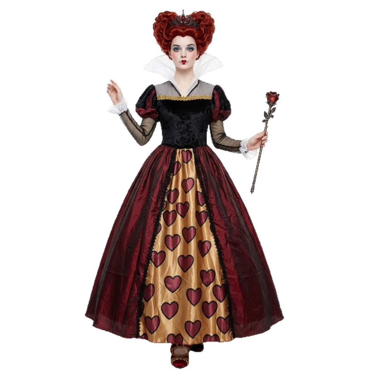 Red and black Queen-style cosplay dress with heart-print skirt and white ruffled collar