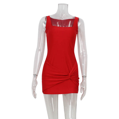 Red Bodycon Mini Dress - Sleeveless Square Neck