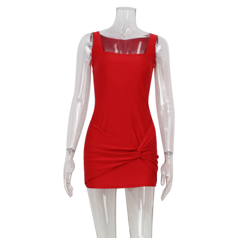 Red Bodycon Mini Dress - Sleeveless Square Neck