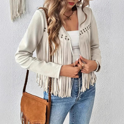 Fashions Envy Suede Fringe Trim Jacket - Open Front Western Style