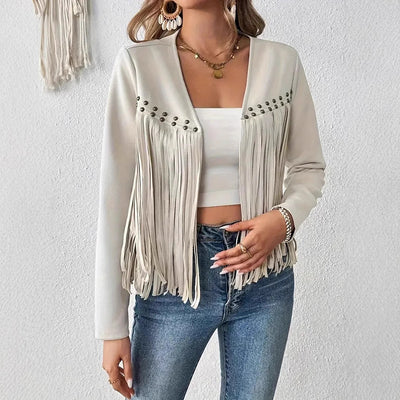 Fashions Envy Suede Fringe Trim Jacket - Open Front Western Style
