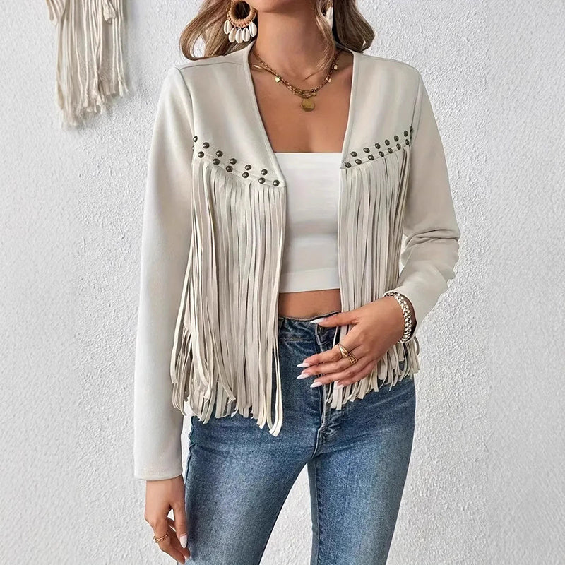 Fashions Envy Suede Fringe Trim Jacket - Open Front Western Style