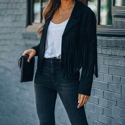 Women's Notched Collar Fringed Jacket - Faux Suede Tassel Motorcycle Cropped Jacket