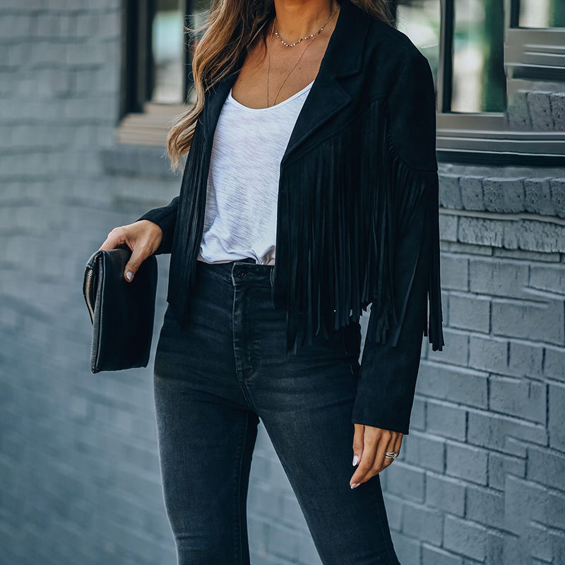 Women's Notched Collar Fringed Jacket - Faux Suede Tassel Motorcycle Cropped Jacket