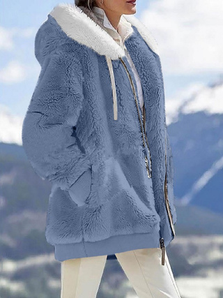 Warm Plush Hooded Jacket -  Long Sleeves With Zippered Pockets