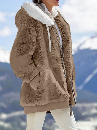 Warm Plush Hooded Jacket -  Long Sleeves With Zippered Pockets