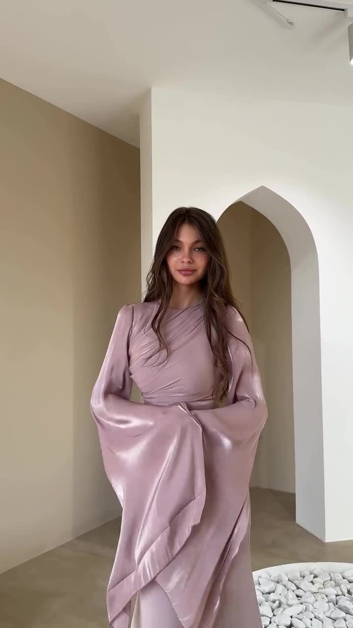 Long Sleeve Maxi Dress - Draped Bodice and Split Sleeves
