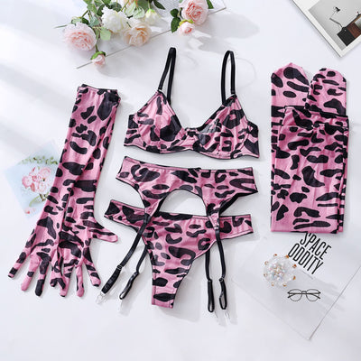 Abstract Print Mesh Five-Piece Lingerie Set - Garter and Gloves