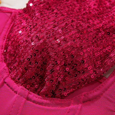 Sequin Crossover Halter Corset Top - Deep Cutout & Boned Mesh Panel