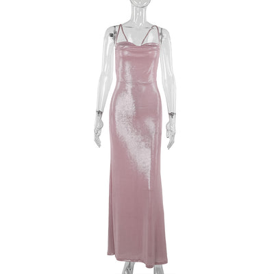 Pink satin mannequin dress, spaghetti strap slip maxi with straight neckline