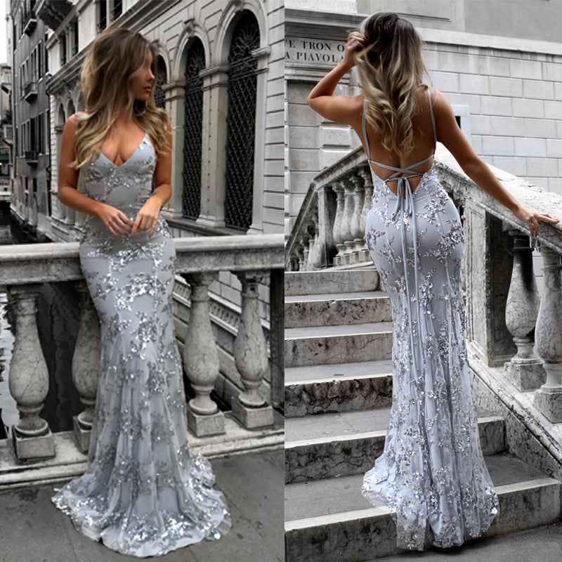 V-Neck Sequin Midi Dress - Spaghetti Strap Slip Style