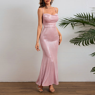 Pink satin fitted maxi slip dress with thin spaghetti straps and straight neckline