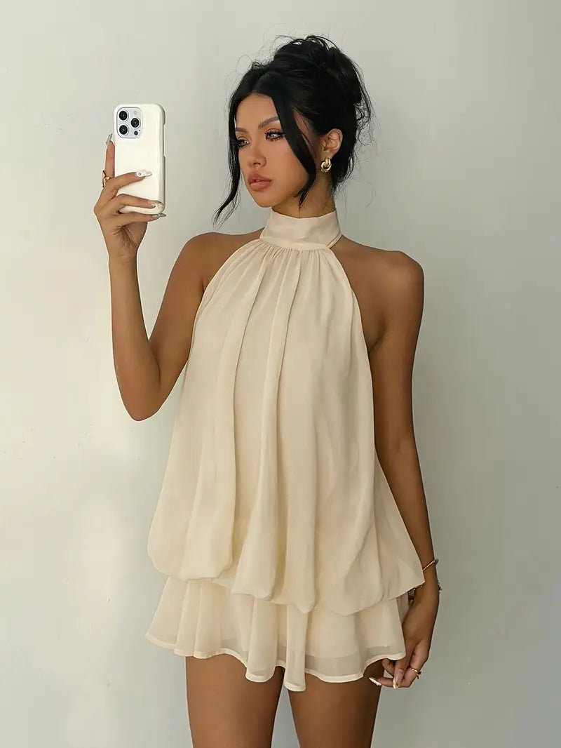 Backless Halter Neck Tiered Mini Dress - Chiffon Vacation Dress