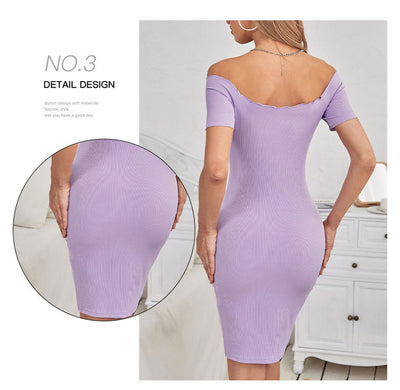 Lilac off-shoulder fitted dress with scoop back and short sleeves, ribbed knit texture