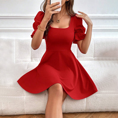 Red Square Neck Puff Sleeve Mini Dress - A-Line Ruffle Cuff