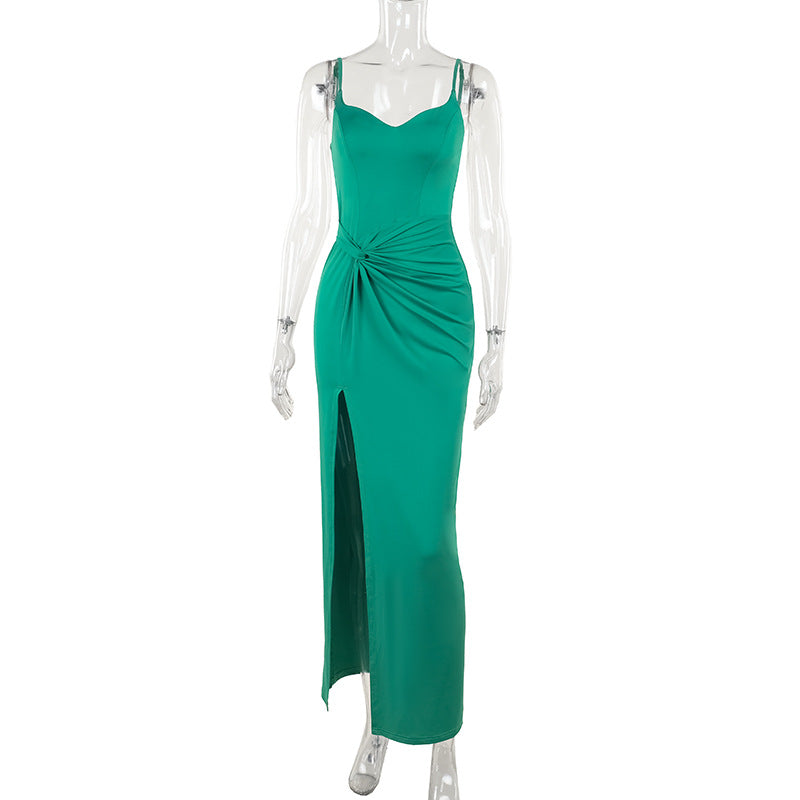 Twist Knot Spaghetti Strap Maxi Dress - Sweetheart Slit Evening Gown