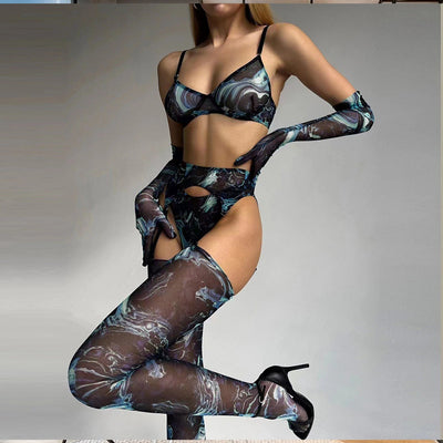 Abstract Print Mesh Five-Piece Lingerie Set - Garter and Gloves