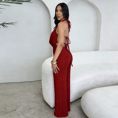 Red Halter Tie Backless Jumpsuit - Deep V Keyhole Wide Leg Flare