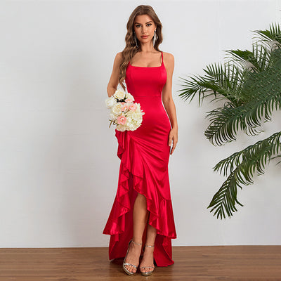 Satin Ruffle Hem Maxi Dress - Spaghetti Strap Asymmetric Slit Gown