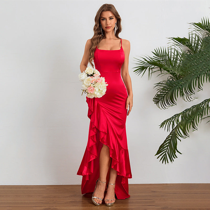 Satin Ruffle Hem Maxi Dress - Spaghetti Strap Asymmetric Slit Gown