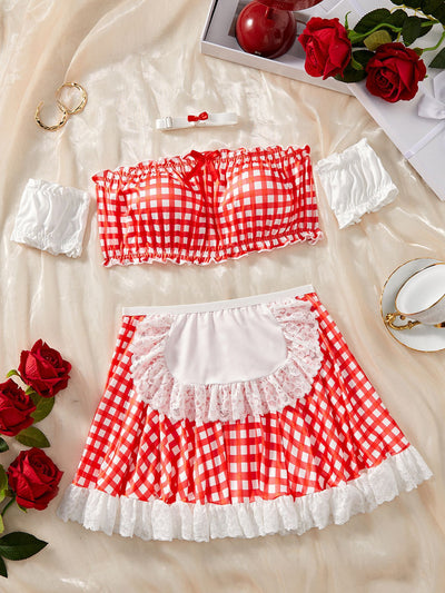 Red Gingham Maid Lingerie - Ruffled Crop Top And Skirt
