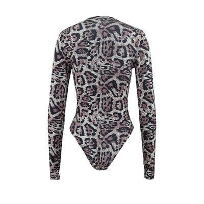 Leopard Print Mesh Top - Long Sleeve Sheer Fitted Bodysuit