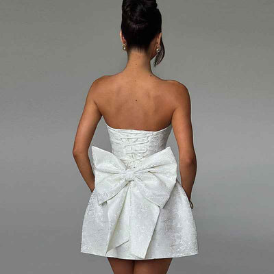Jacquard Strapless Bow Mini Dress - A-Line Prom Gown