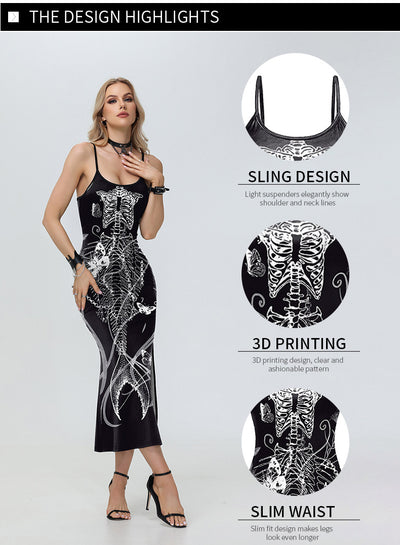 Halloween Skeleton Midi Dress - Spaghetti Straps & Slit