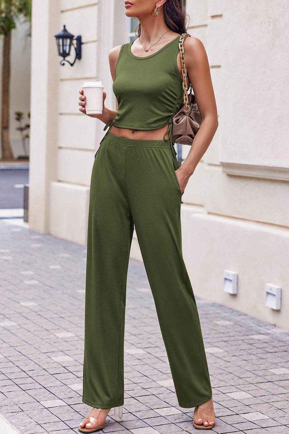 Drawstring Tank - Long Sleeve Cover Up and Pants Set