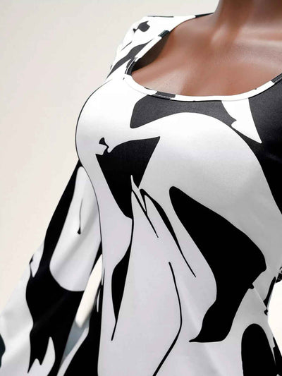 Abstract Print Maxi Dress - Long Sleeve Tie Back Style - Fashions Envy